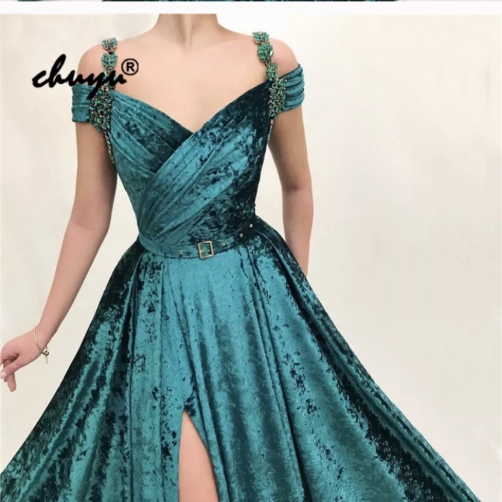 Velvet evening dresses off the shoulder